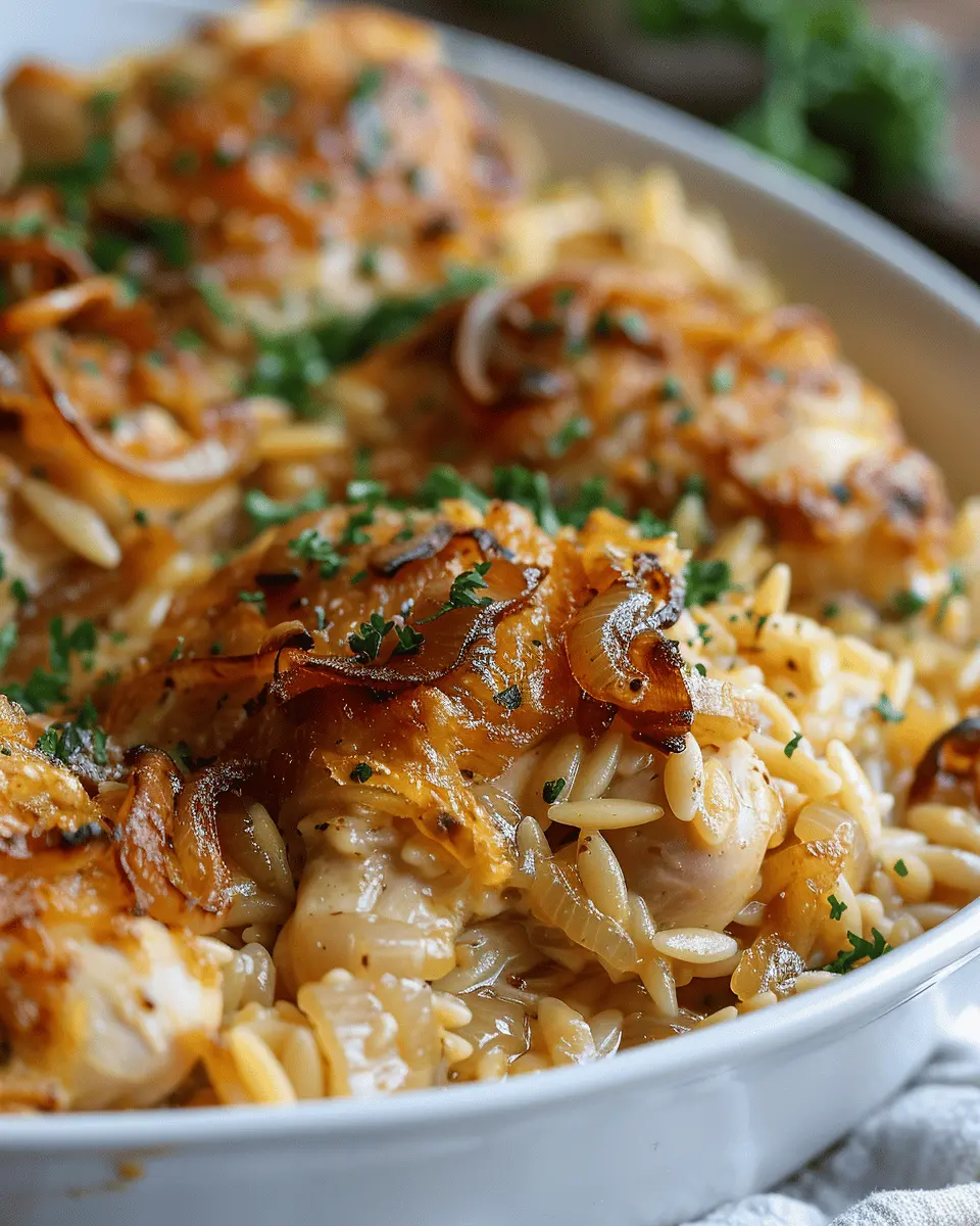 French Onion Chicken Orzo Casserole with Turkey Bacon Delight