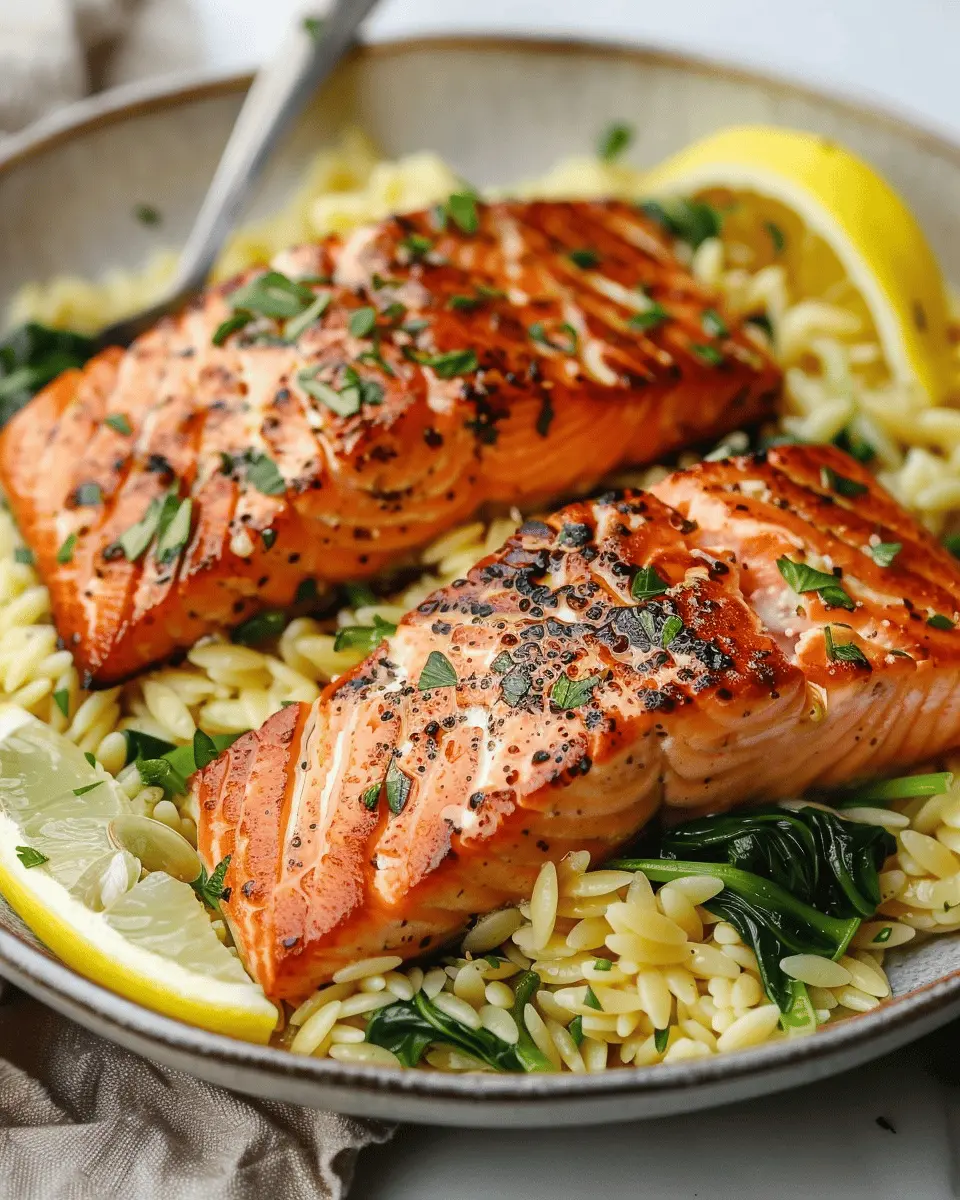 30-Minute Seared Salmon: Juicy Lemon Orzo Delight for Home Cooks
